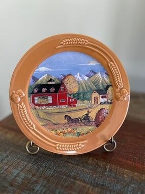 Vintage RUSS Berrie Pumpkin Farm Hand Painted Ceramic Plate 6-3/4” & Plate Stand